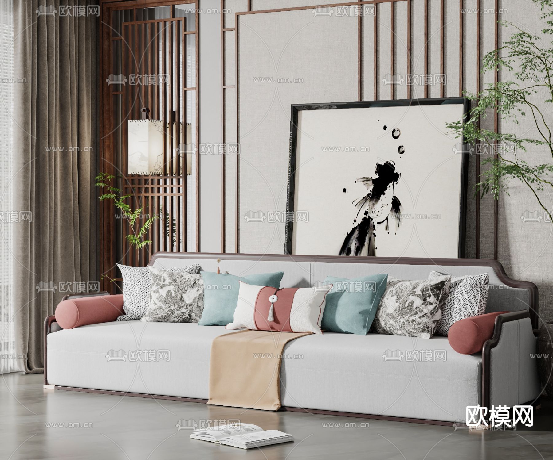 新中式布艺多人沙发3d模型下载