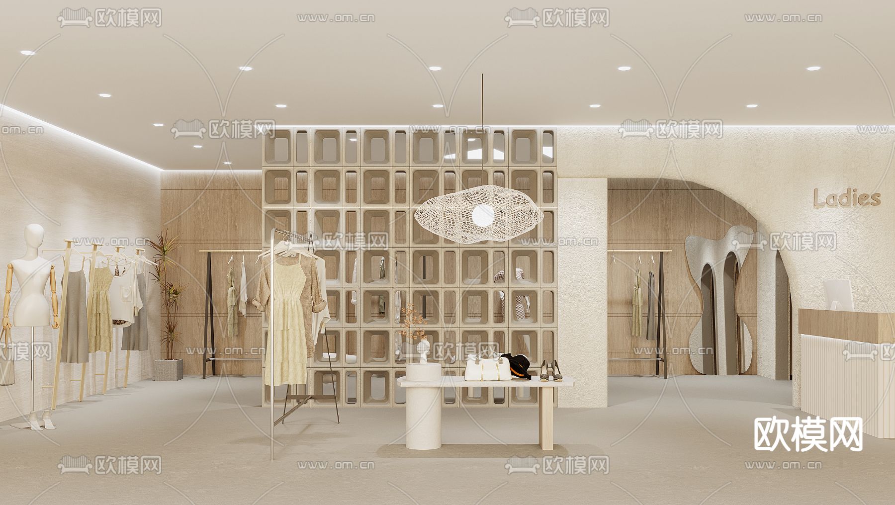 侘寂风女装服装店su模型下载（渲染图1）
