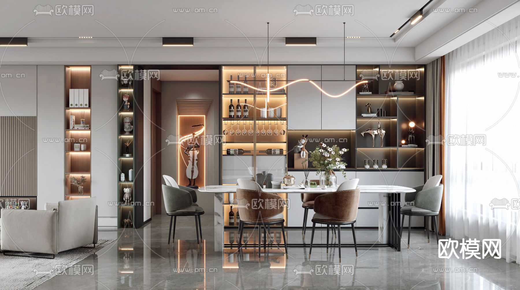 现代轻奢客厅餐厅3d模型下载（渲染图4）