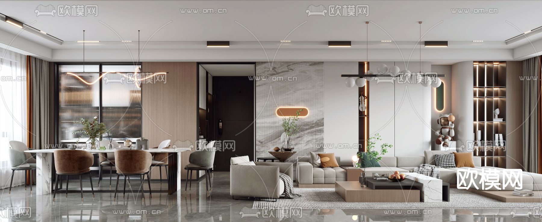 现代轻奢客厅餐厅3d模型下载（渲染图3）