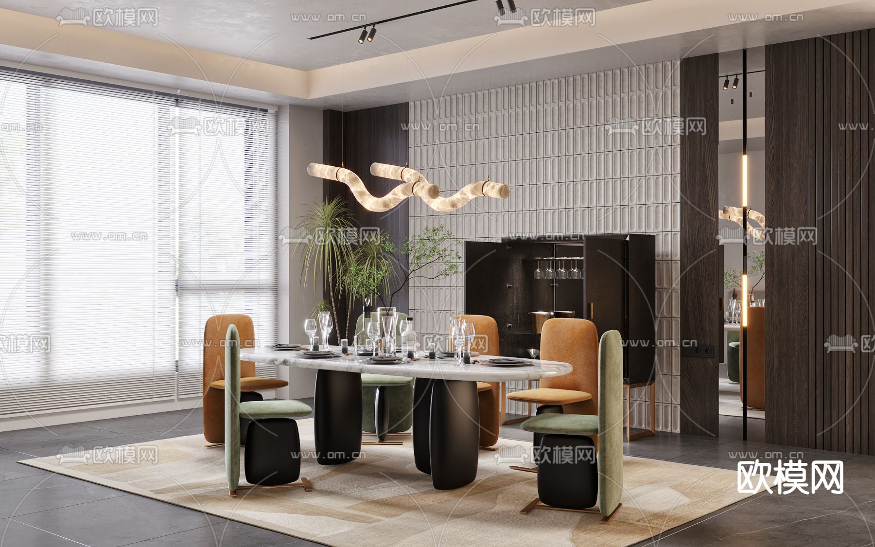 现代孟菲斯风大理石餐桌椅3d模型下载（渲染图1）