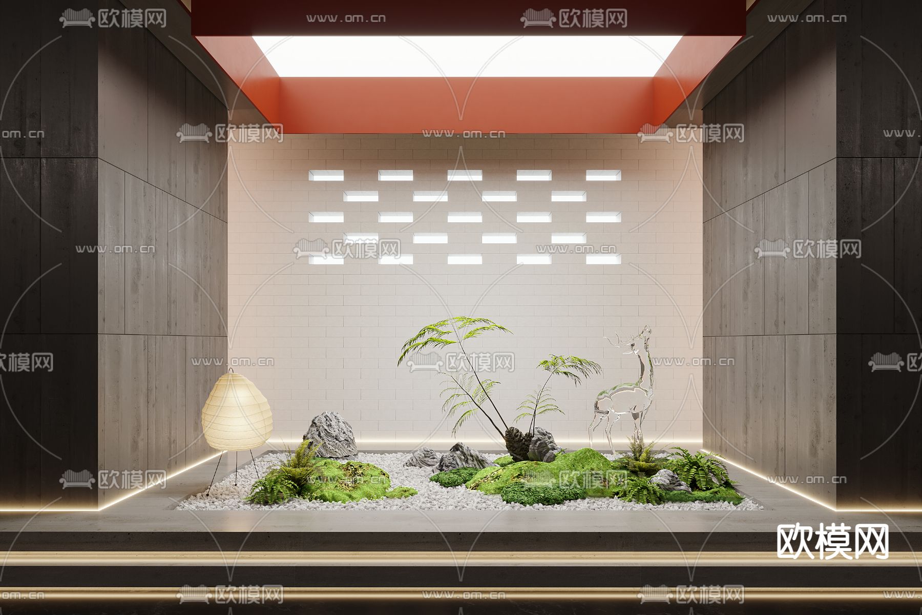 新中式水晶鹿枯山水室内小品3d模型下载