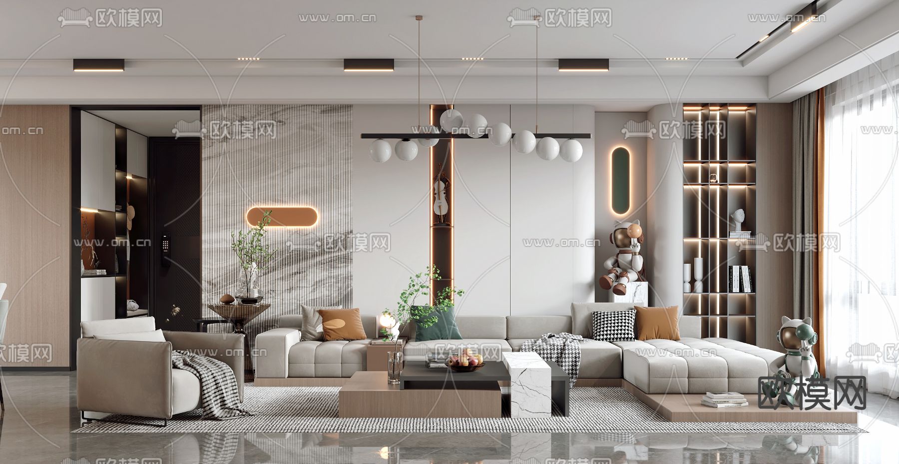 现代轻奢客厅餐厅3d模型下载（渲染图1）