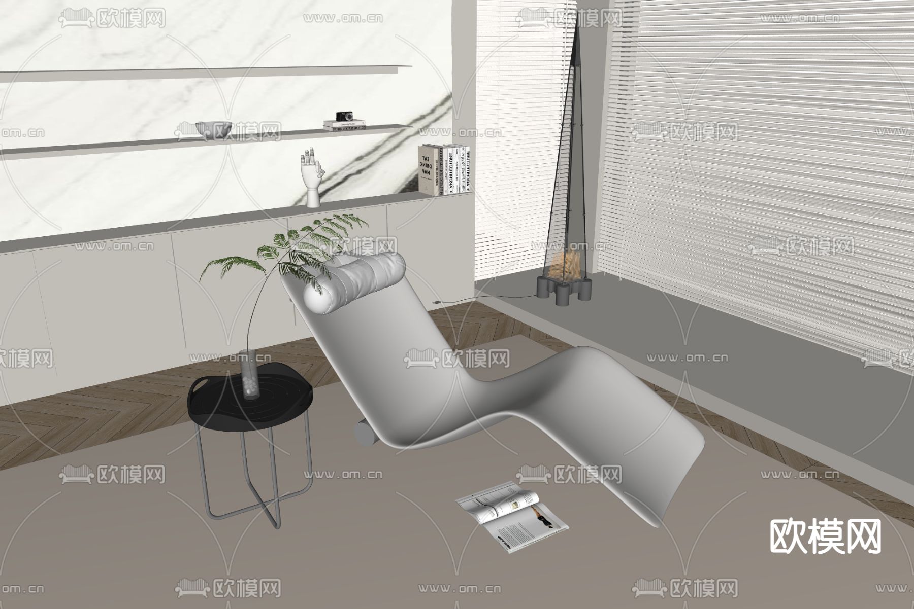 奶油风白色休闲躺椅su模型下载（渲染图2）