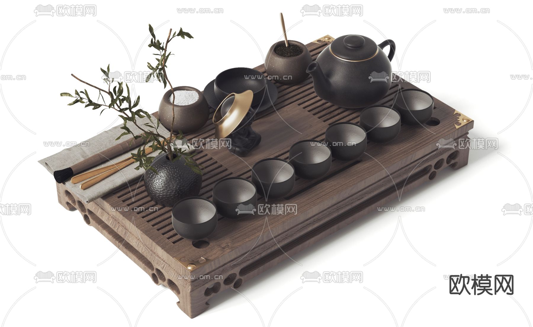 新中式禅意茶盘茶具3d模型下载