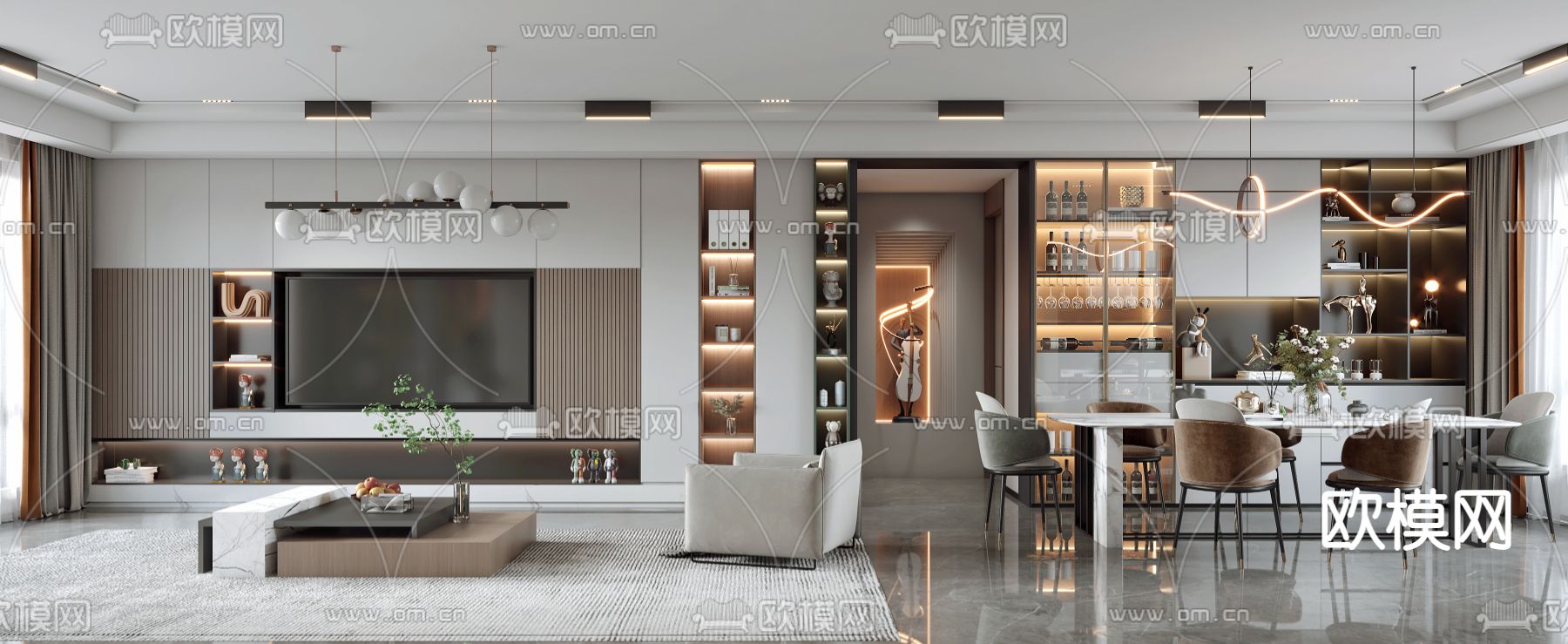 现代轻奢客厅餐厅3d模型下载（渲染图2）