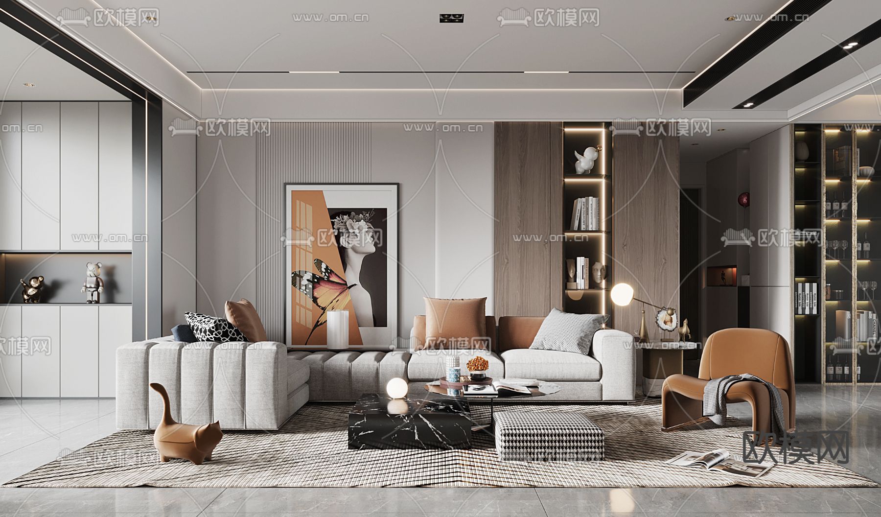 现代轻奢客厅3d模型下载（渲染图1）