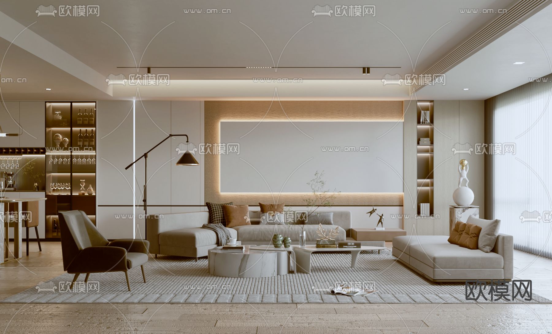 现代奶油风客厅3d模型下载