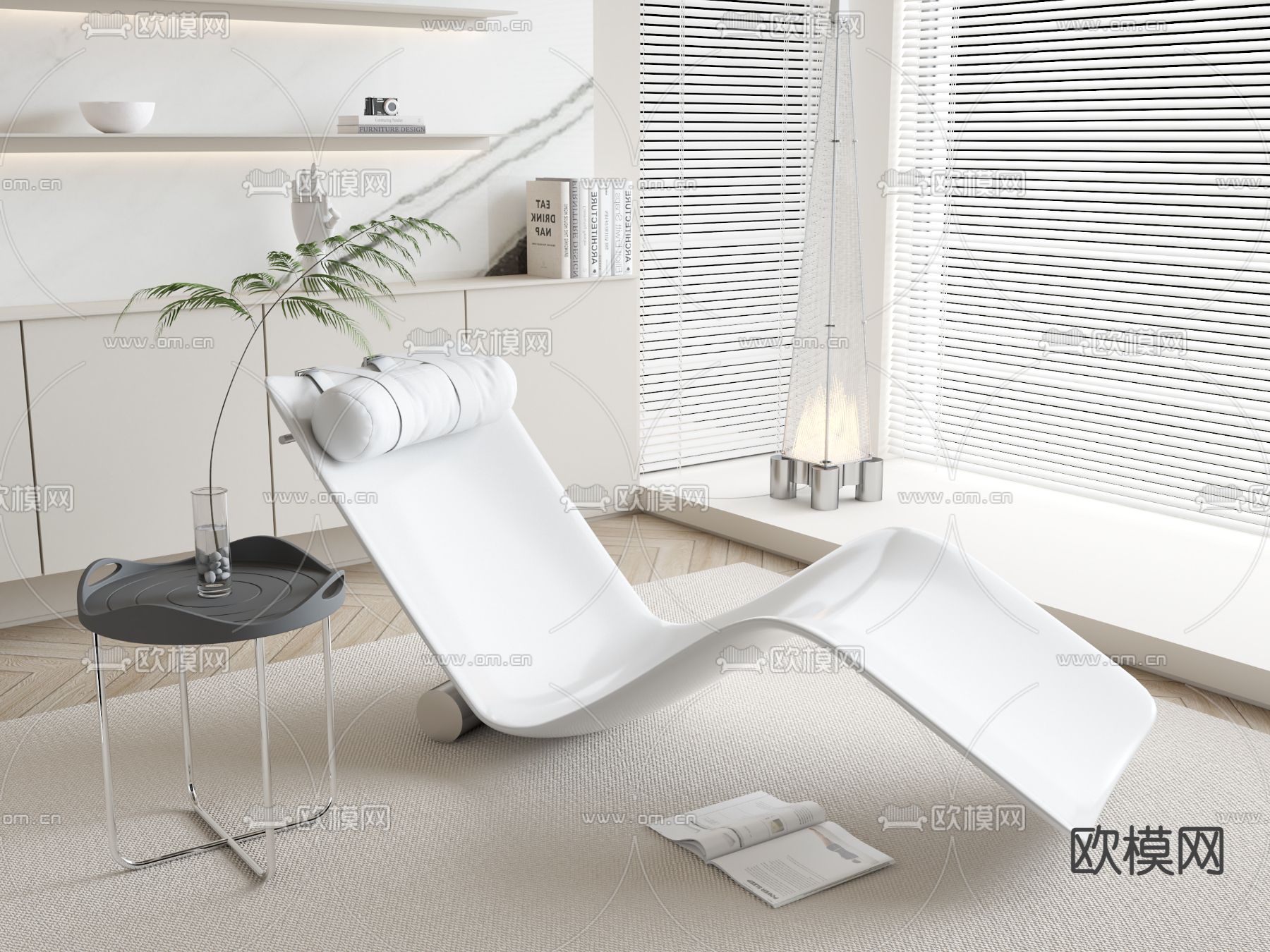 奶油风白色休闲躺椅su模型下载（渲染图1）