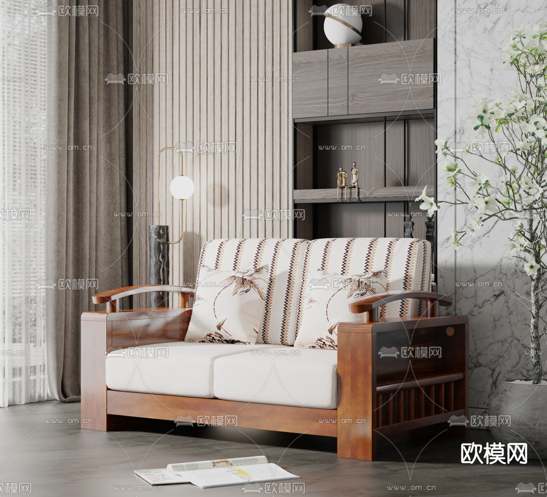 新中式实木双人沙发3d模型下载