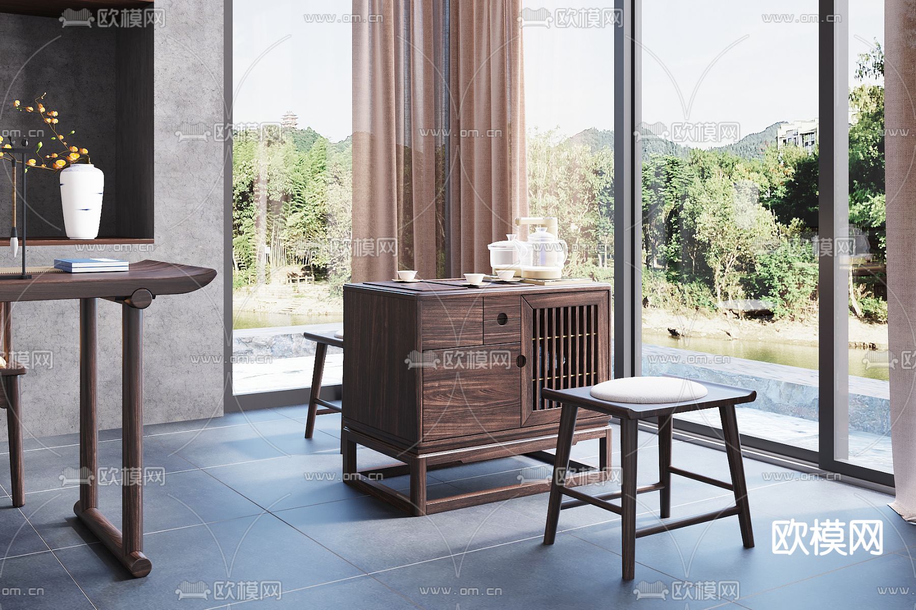 新中式实木茶桌椅3d模型下载