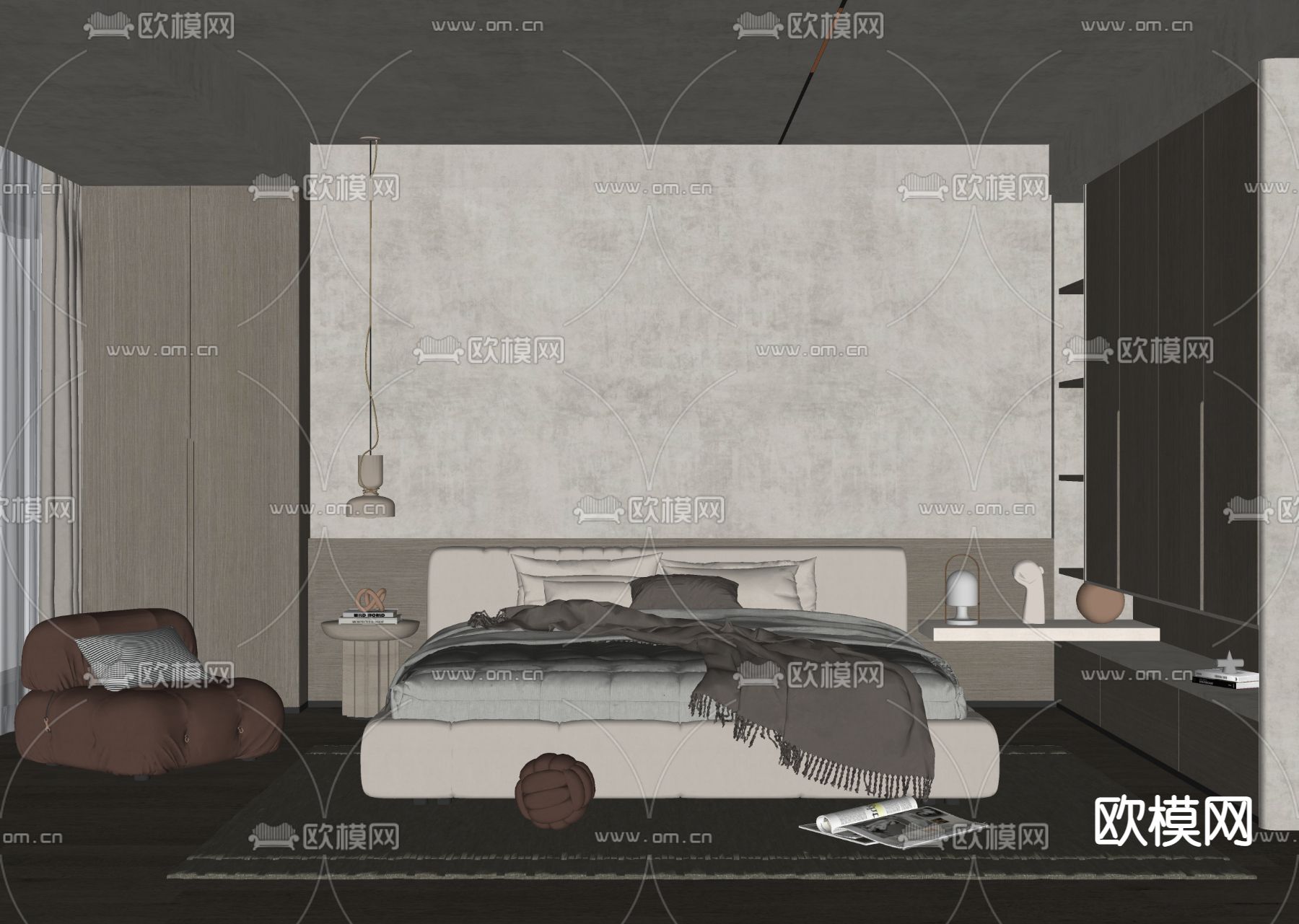 侘寂风卧室主人房su模型下载（渲染图2）