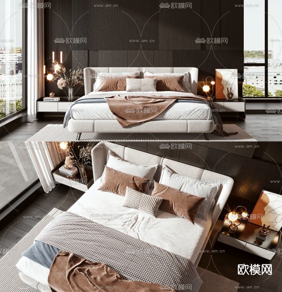 现代奶油色布艺双人床3d模型下载(渲染图1)