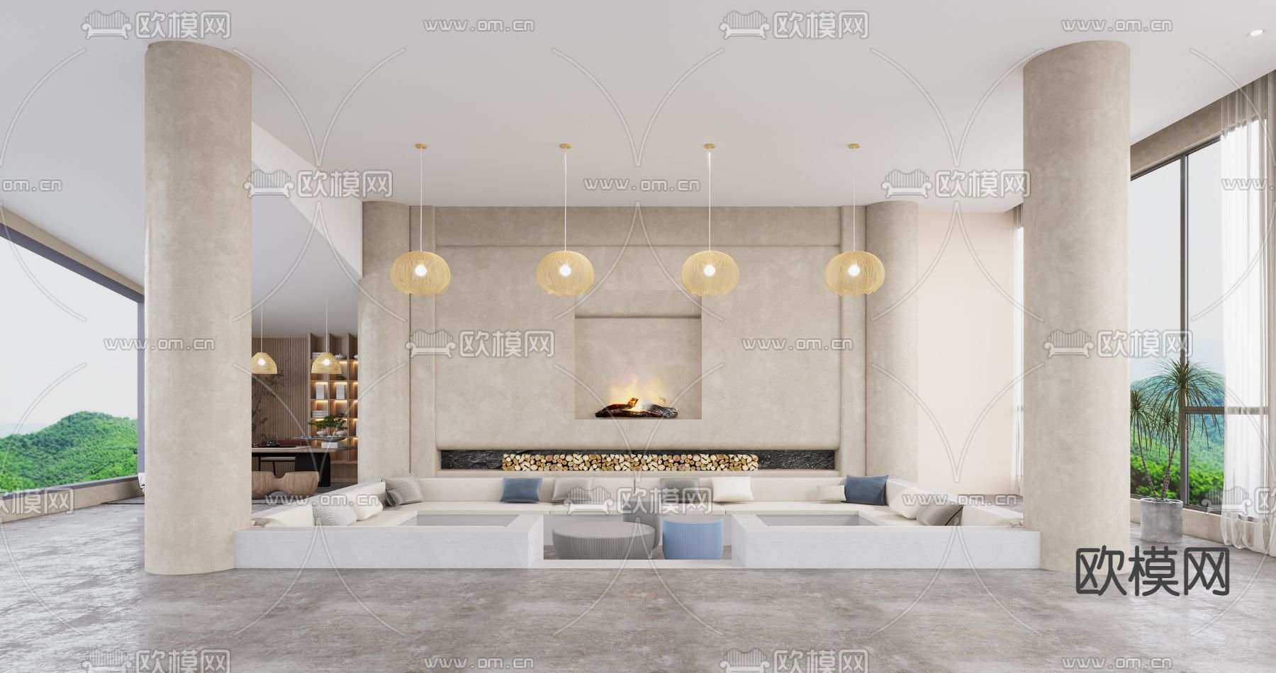 侘寂风下沉式民宿客厅3d模型下载