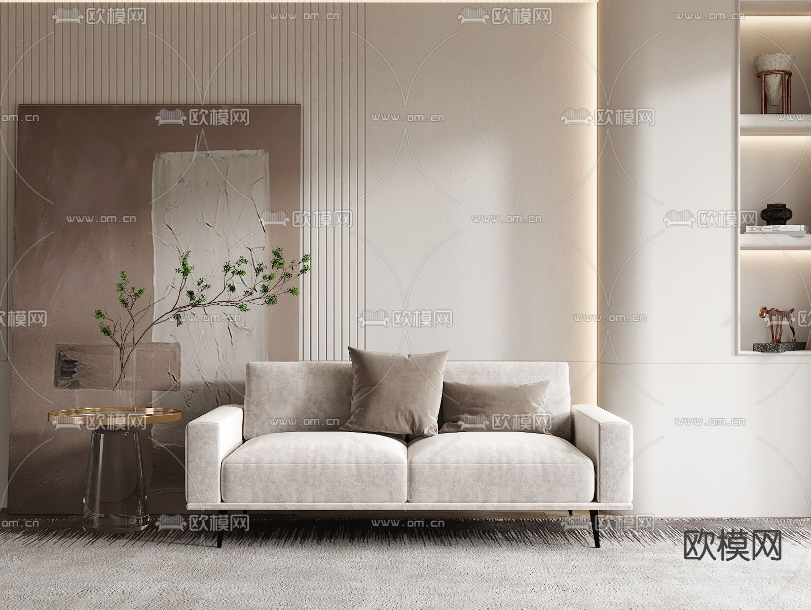 现代浅灰布艺双人沙发3d模型下载