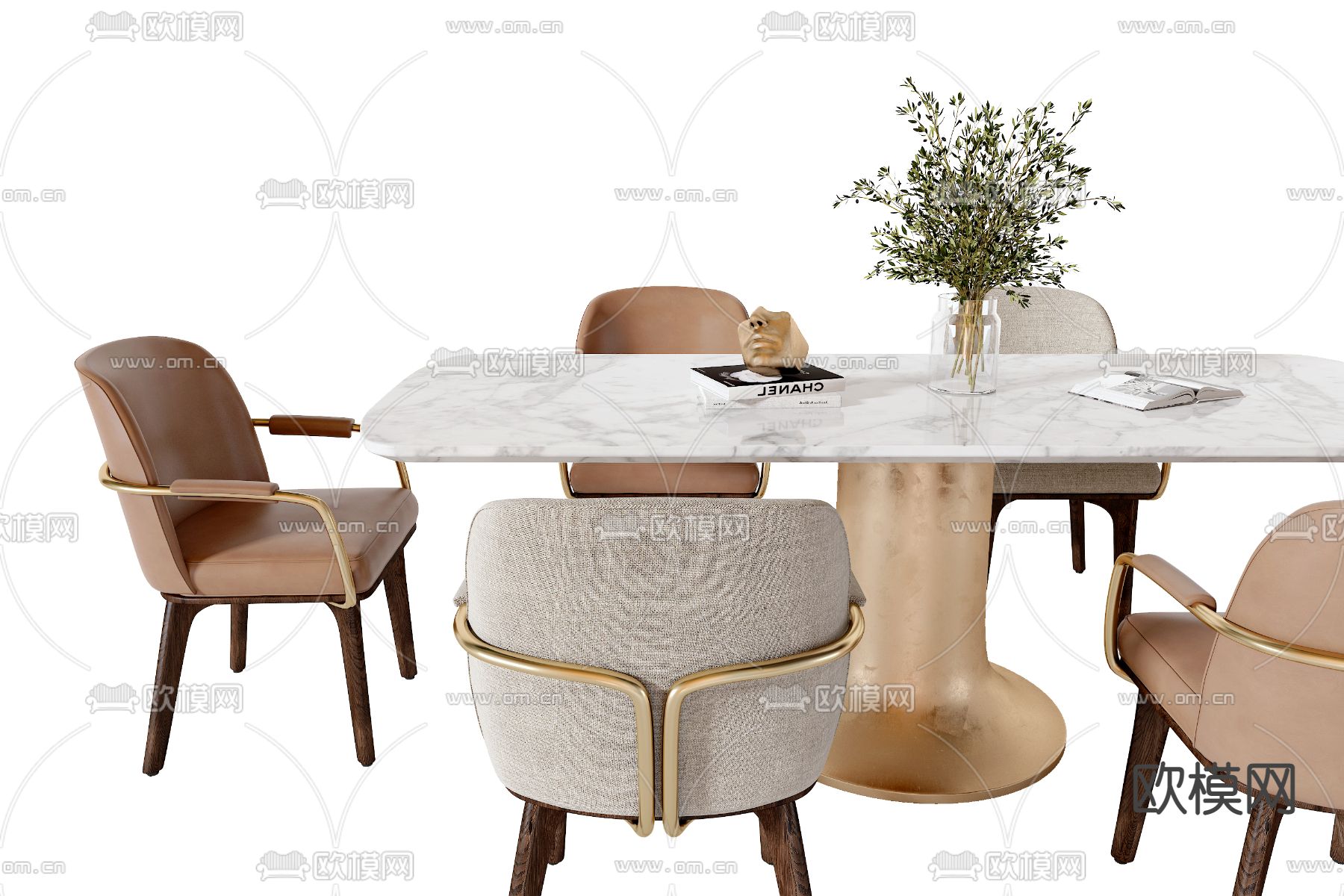 现代大理石条形餐桌椅3d模型下载（渲染图2）