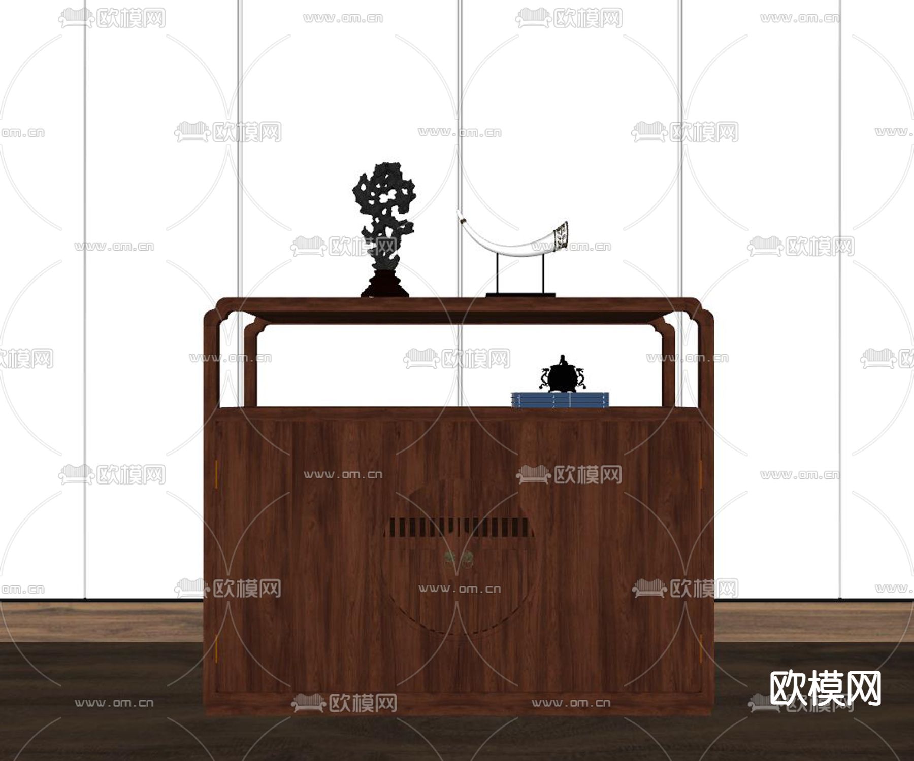 新中式玄关端景柜su模型下载（渲染图2）