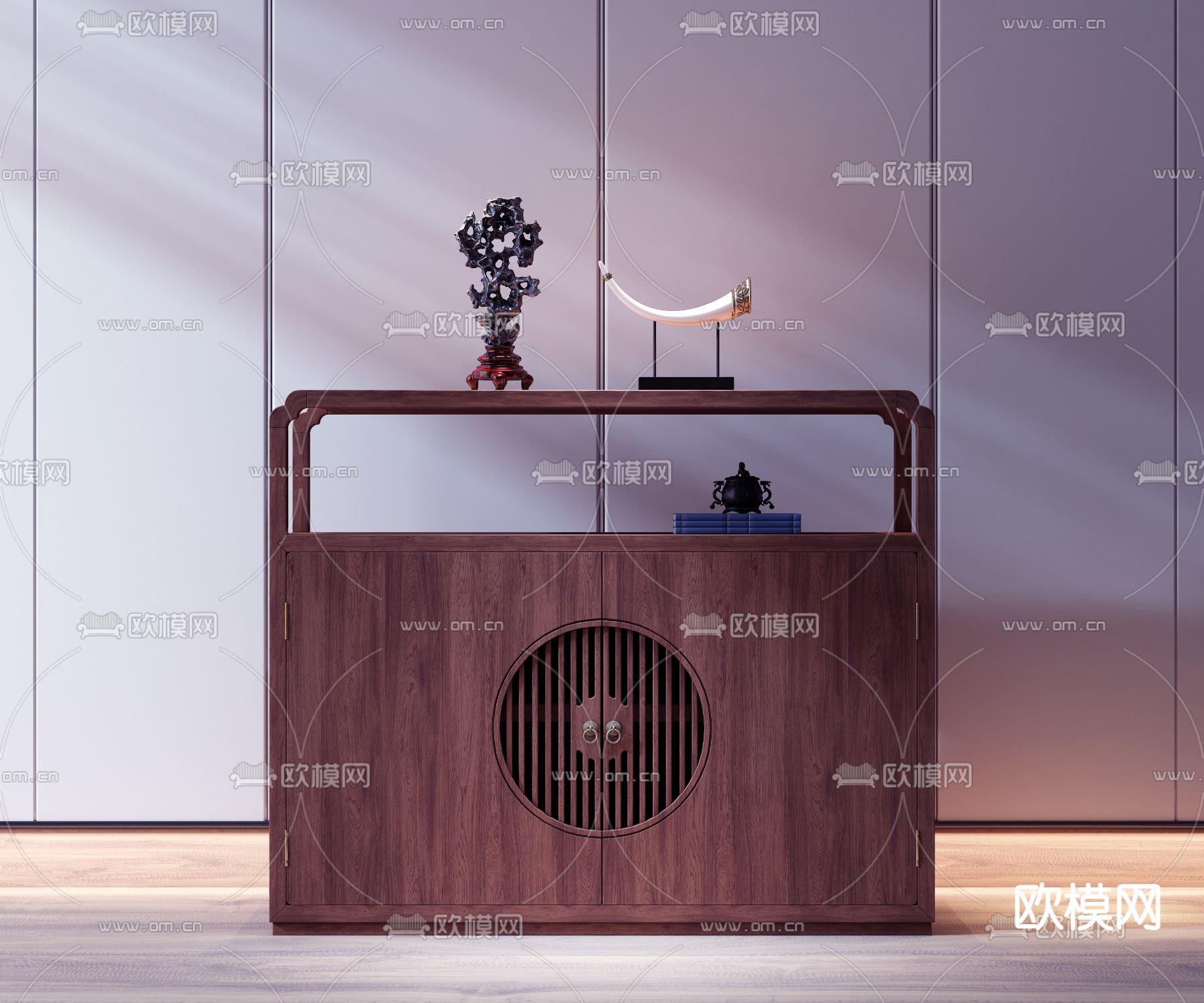 新中式玄关端景柜su模型下载（渲染图1）