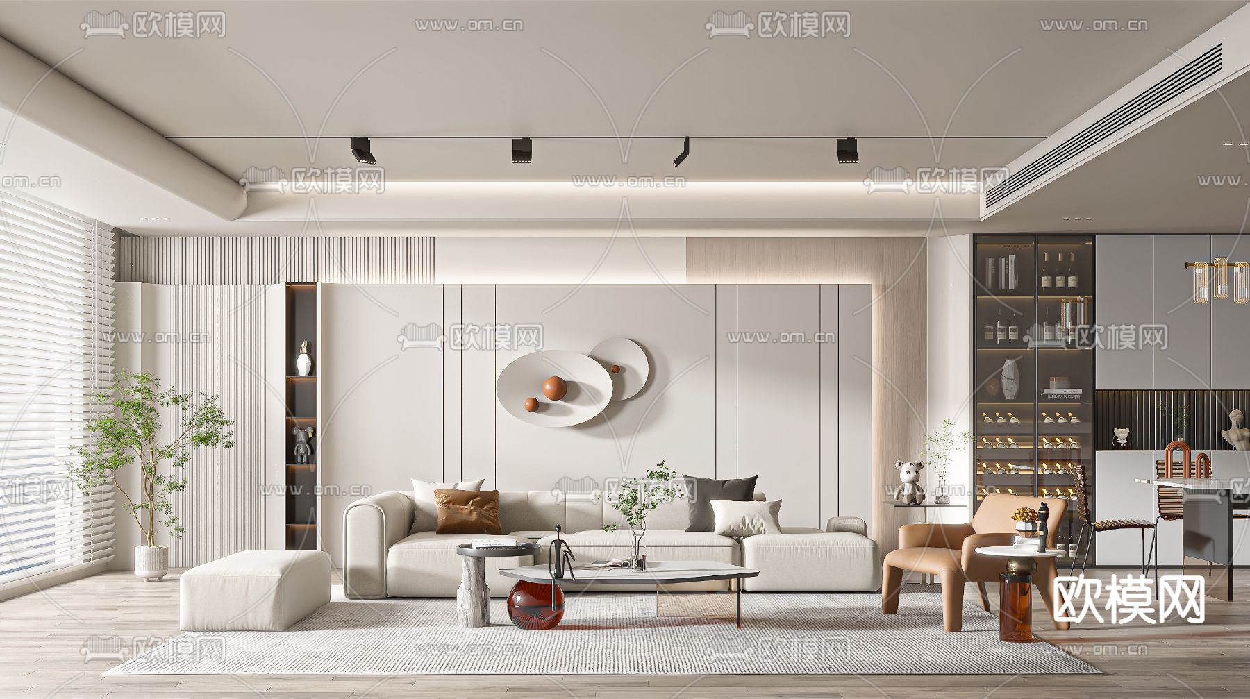 奶油风客厅餐厅3d模型下载