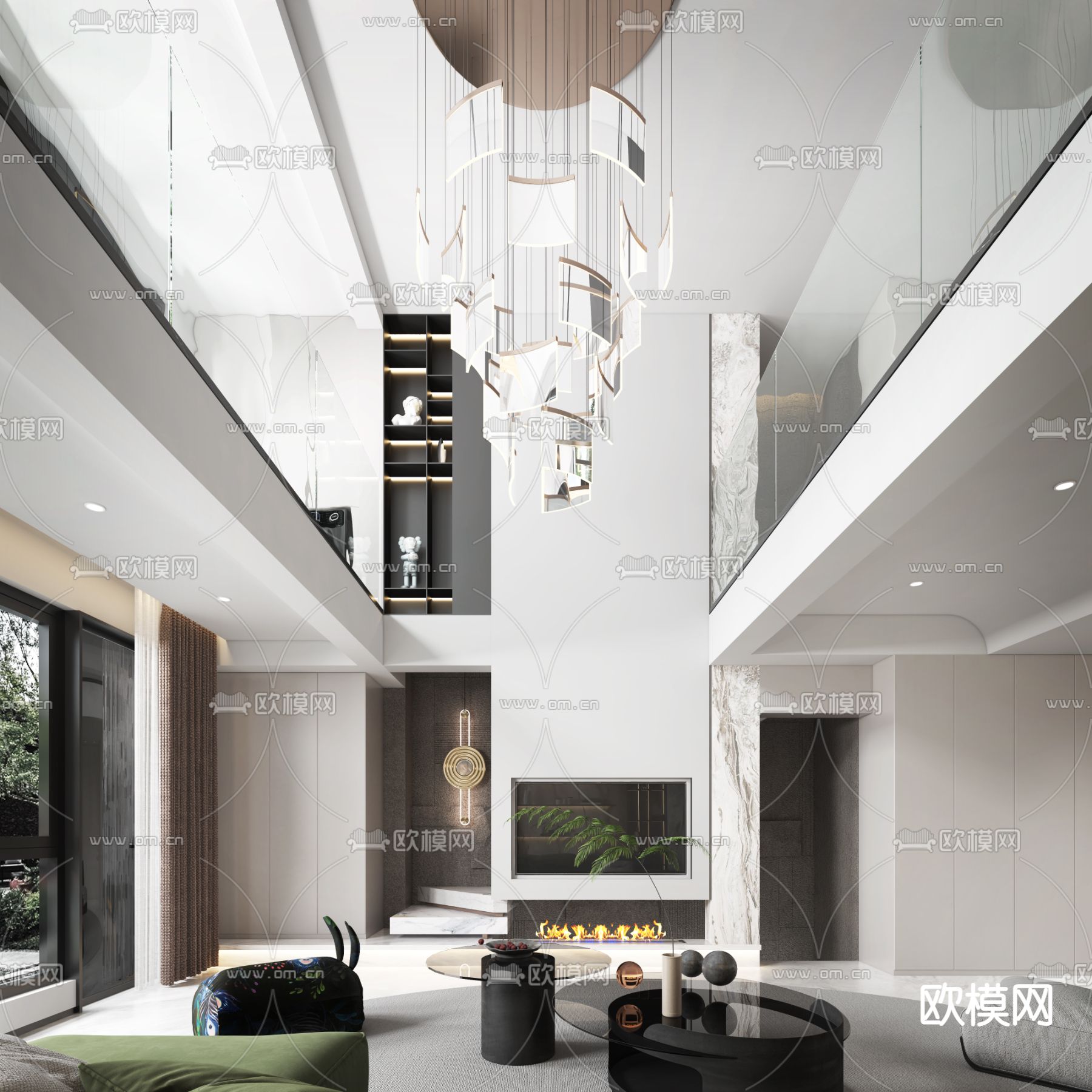 现代复式别墅客餐厅3d模型下载（渲染图1）