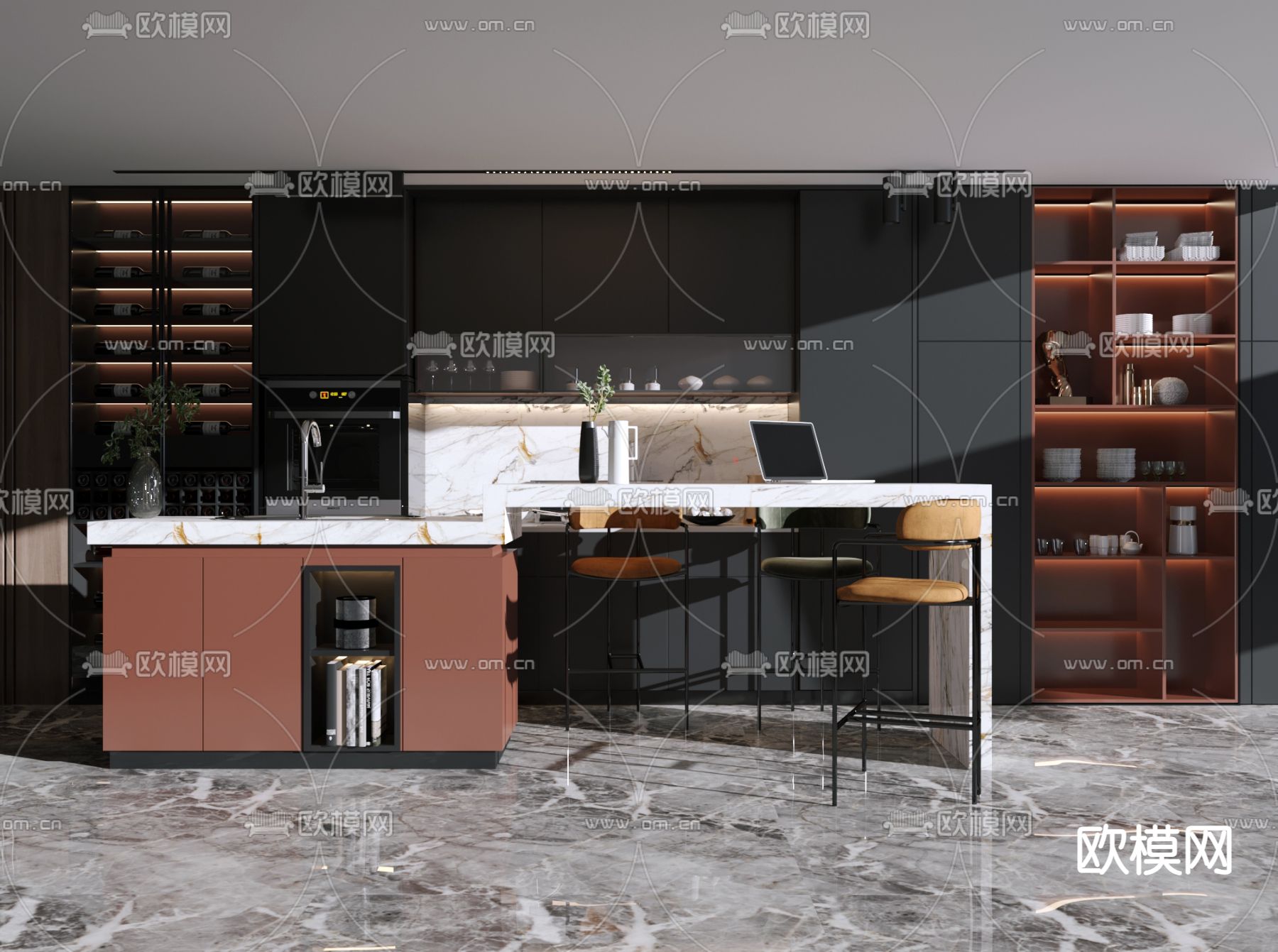 现代大理石中岛吧台3d模型下载