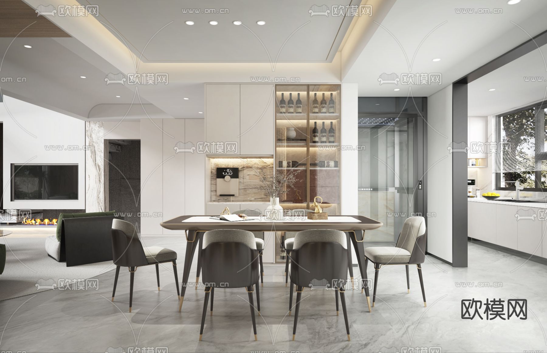 现代复式别墅客餐厅3d模型下载（渲染图3）