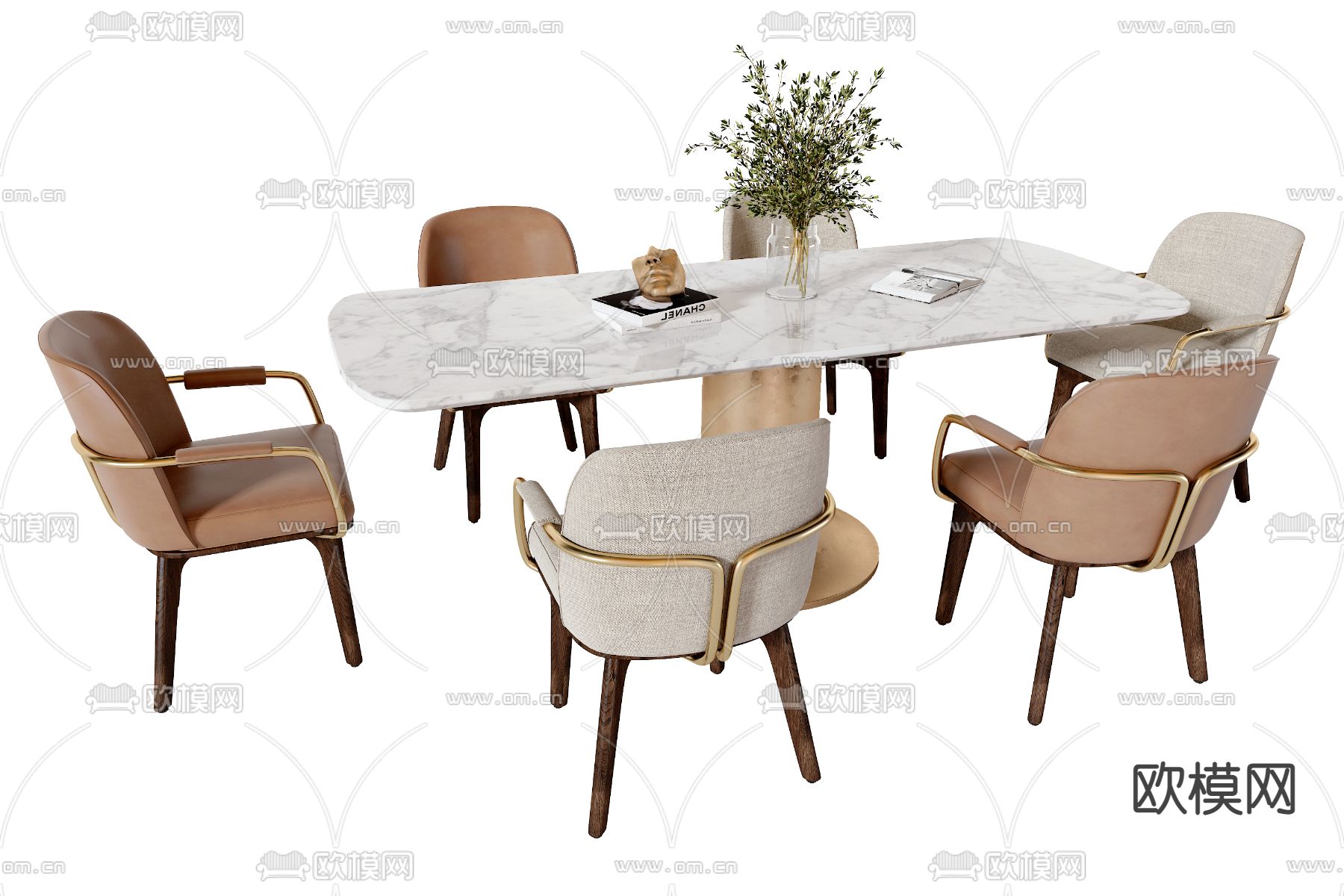 现代大理石条形餐桌椅3d模型下载（渲染图1）
