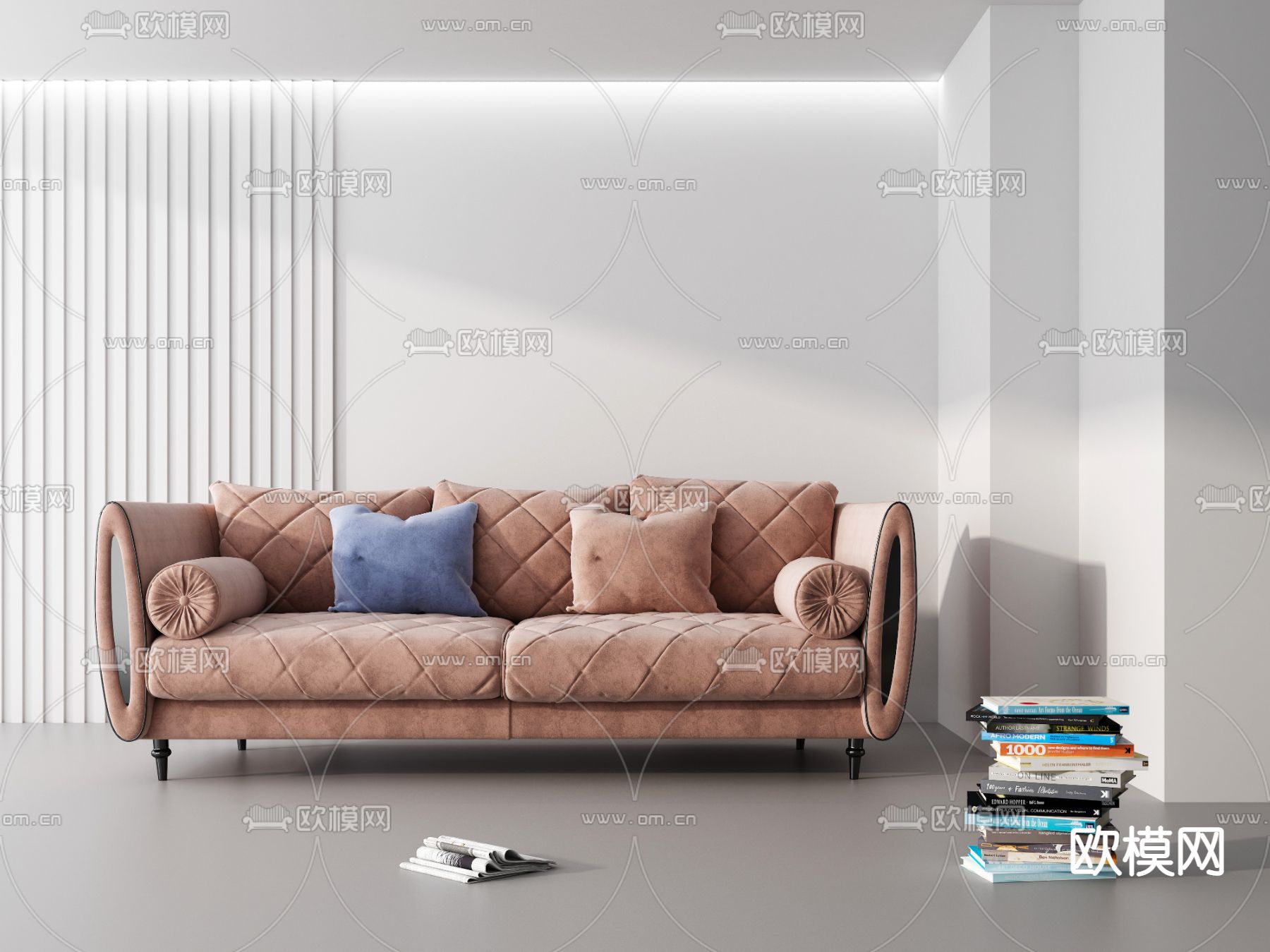 美式灰粉色布艺双人沙发3d模型下载