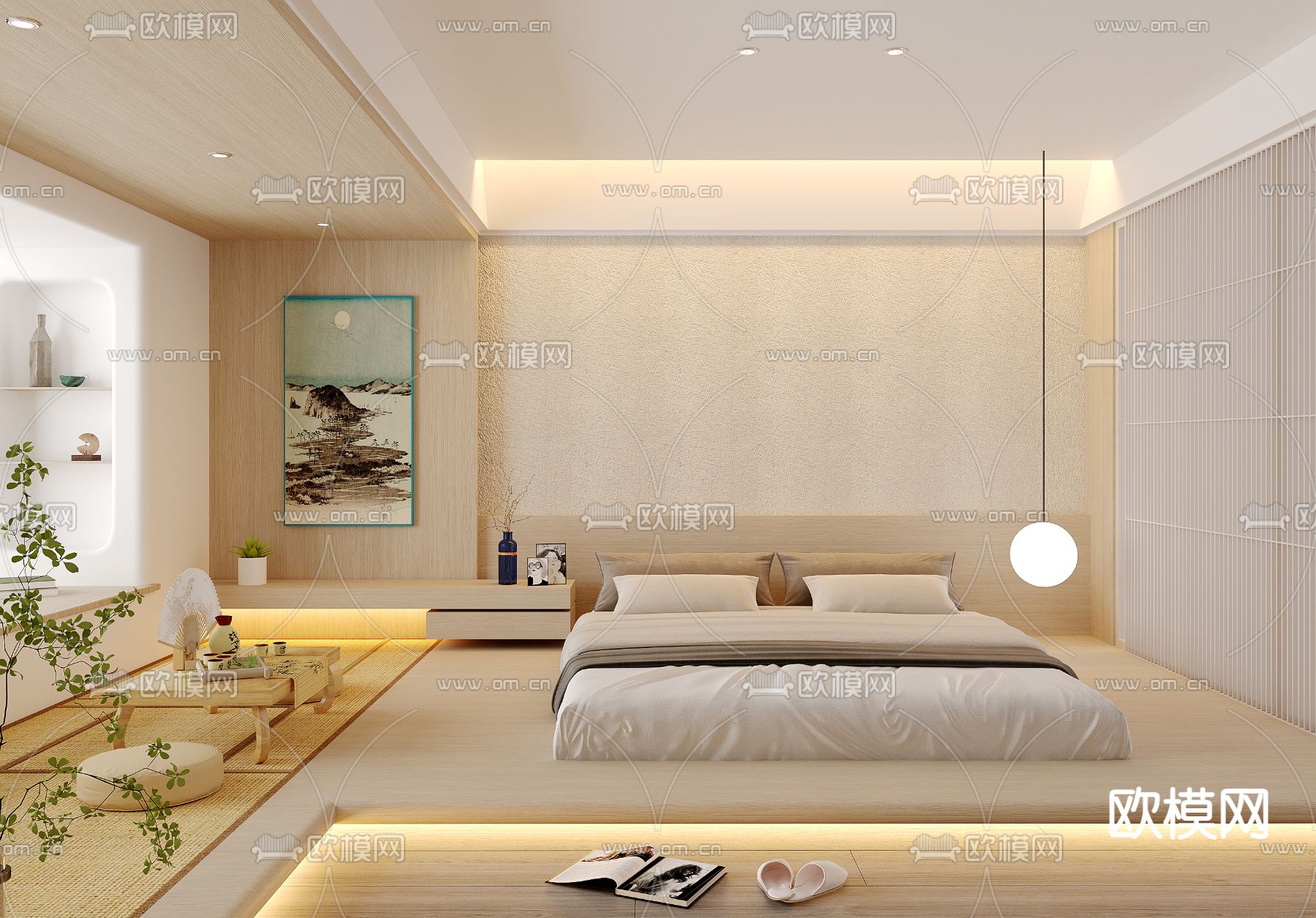 日式卧室主人房su模型下载（渲染图1）