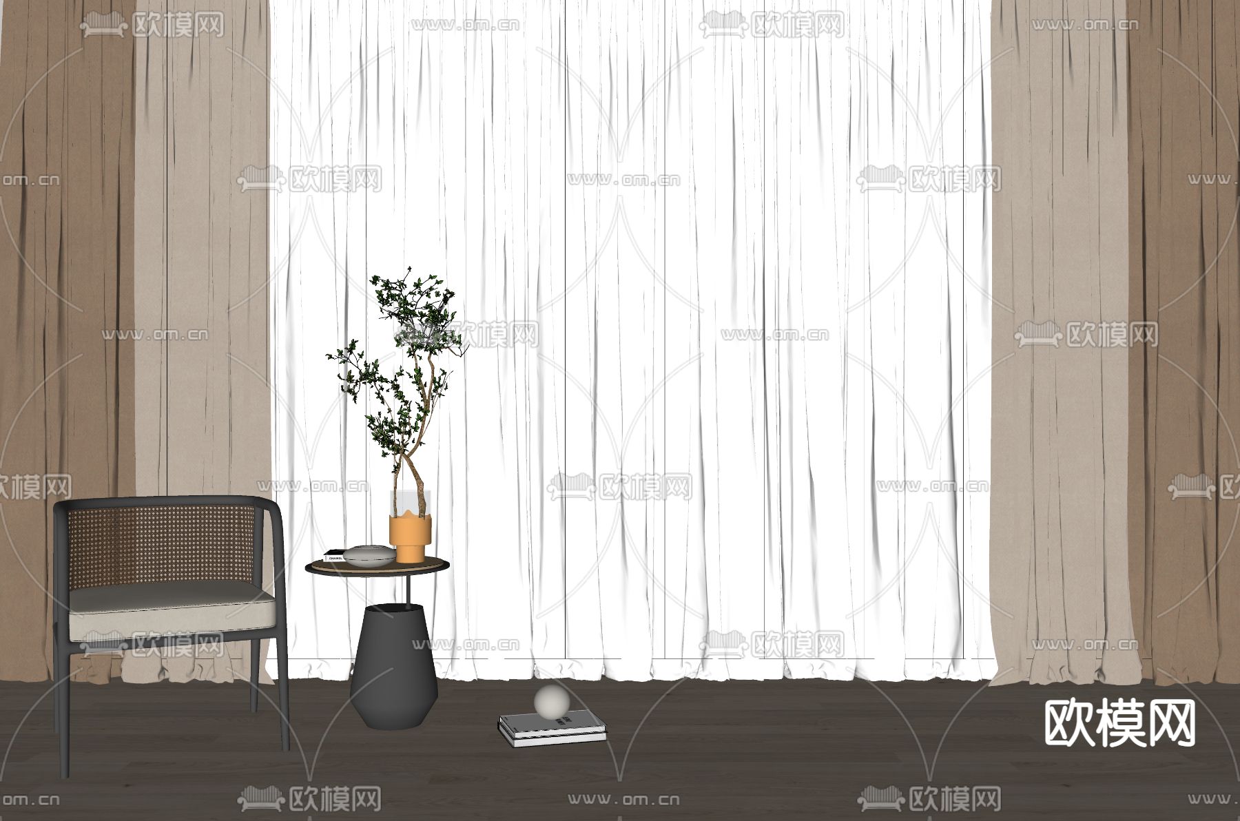 新中式窗帘纱窗su模型下载（渲染图2）