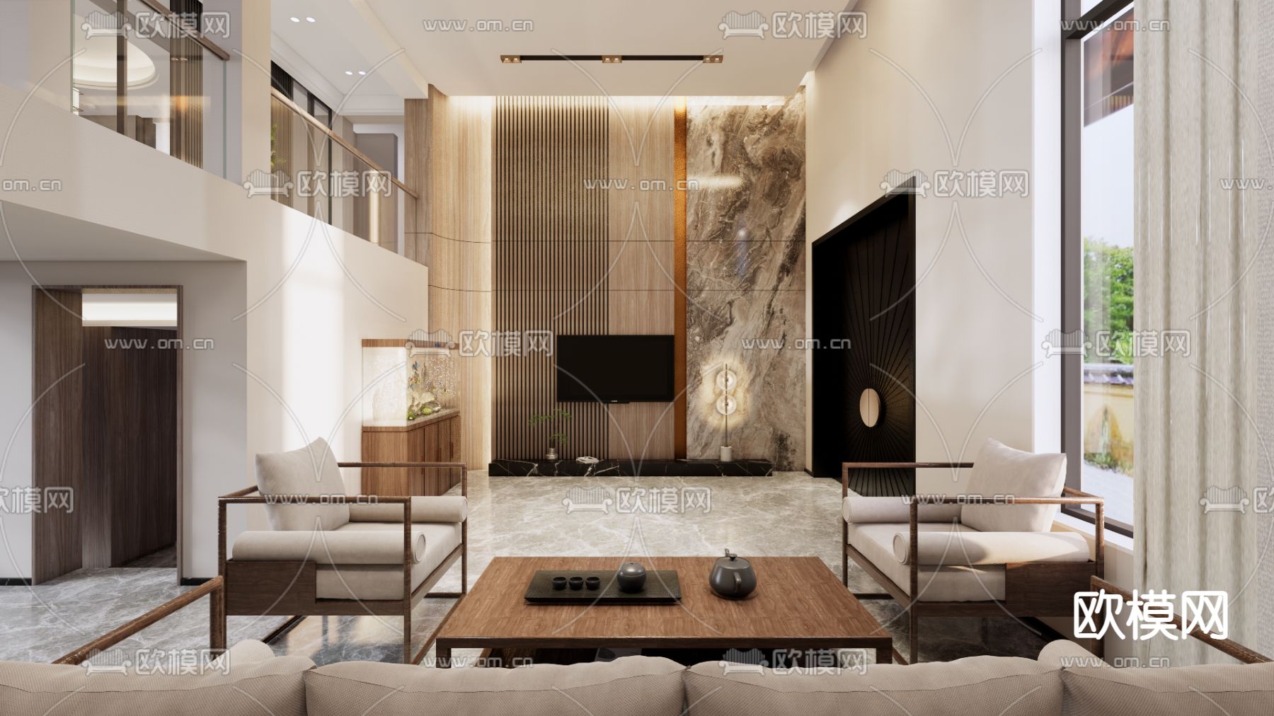 新中式别墅大堂su模型下载（渲染图1）