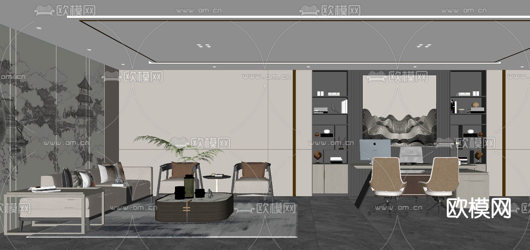 新中式总经理办公室su模型下载（渲染图2）