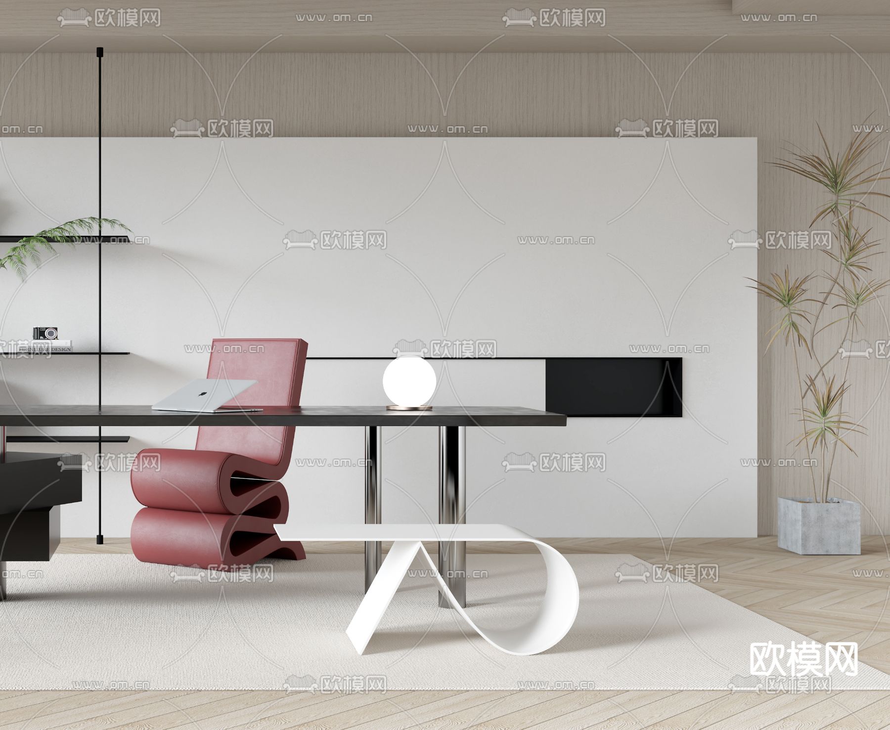 奶油风书房3d模型下载（渲染图2）