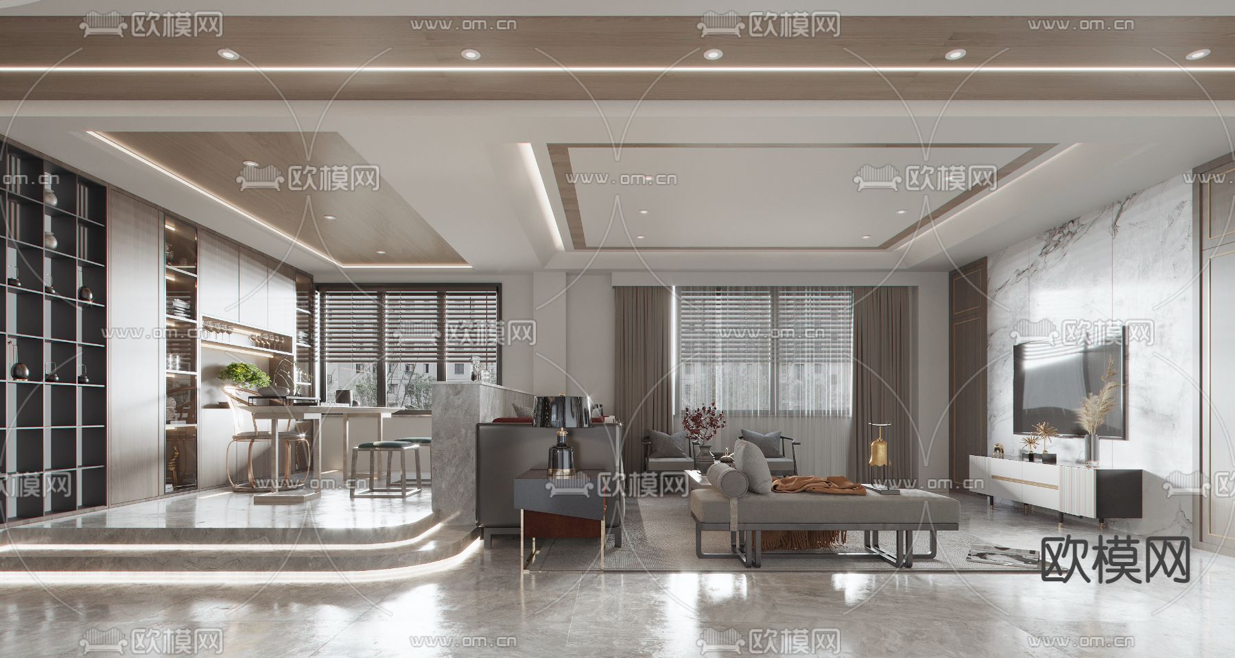 新中式客厅餐厅su模型下载（渲染图1）