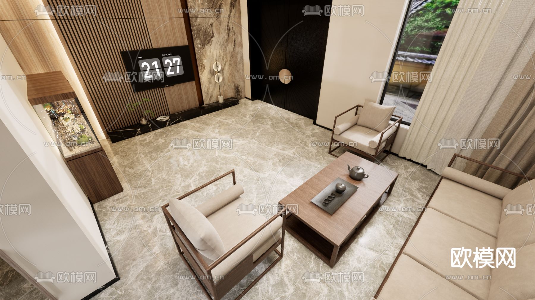 新中式别墅大堂su模型下载（渲染图2）