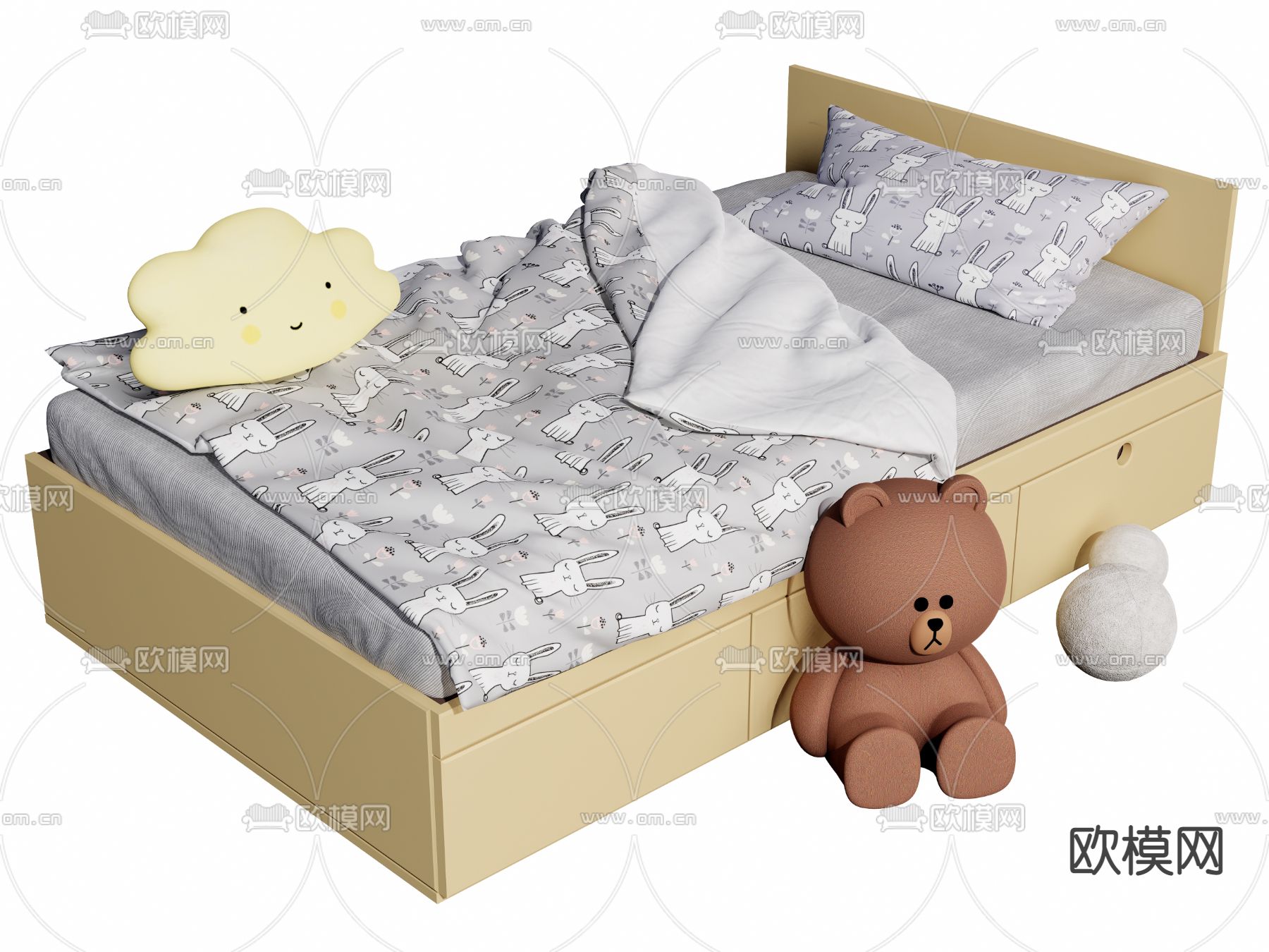 现代儿童床su模型下载（渲染图1）