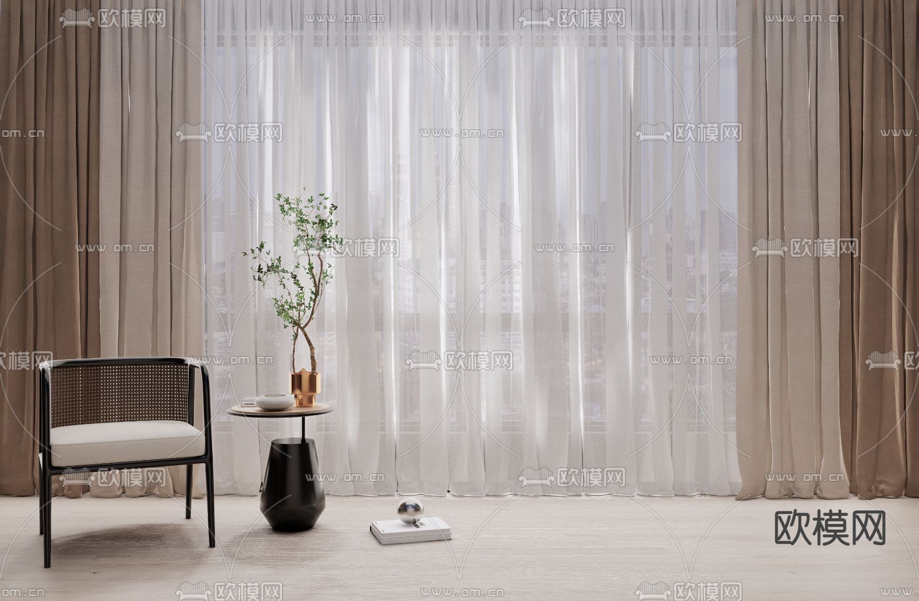 新中式窗帘纱窗su模型下载（渲染图1）