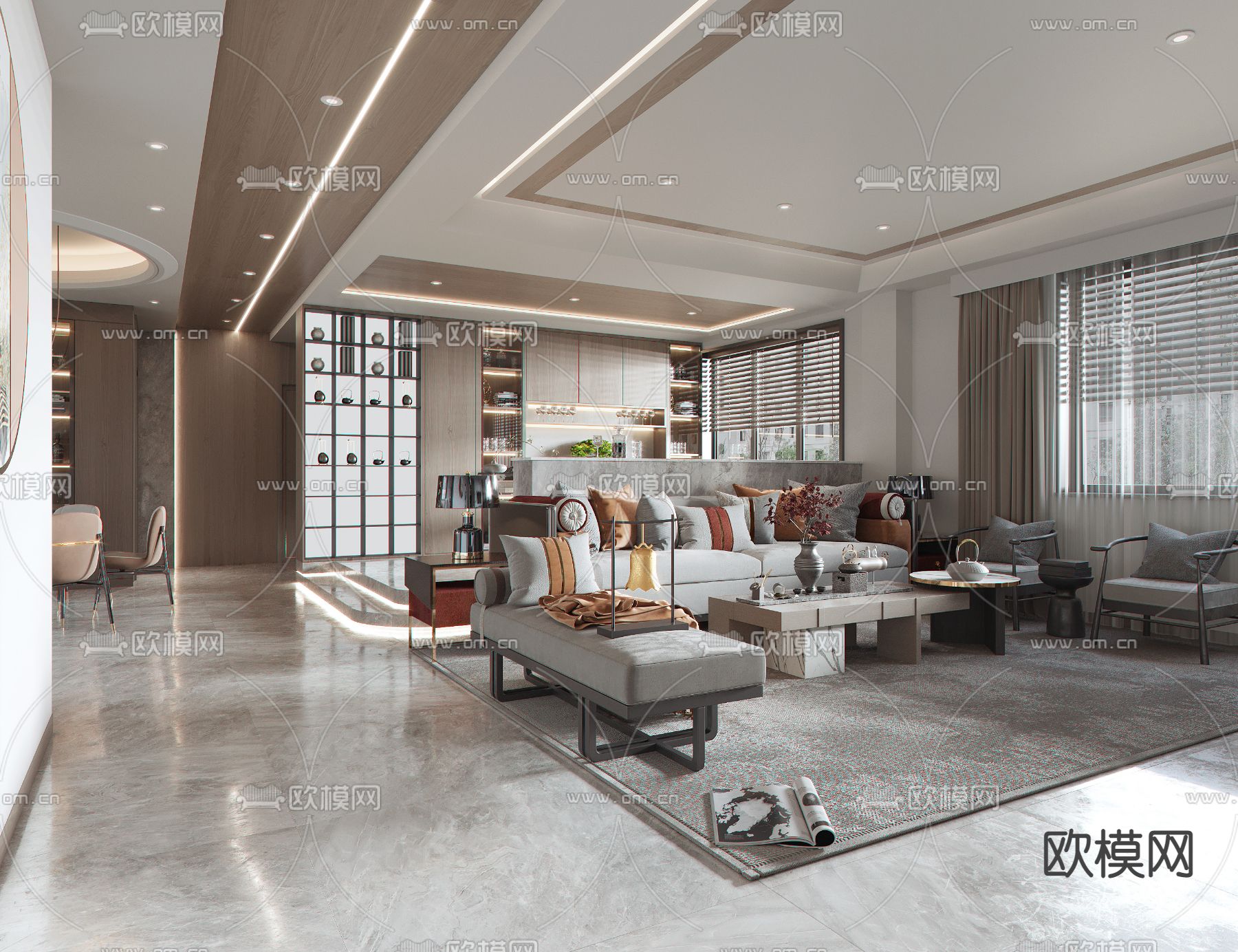 新中式客厅餐厅su模型下载（渲染图2）