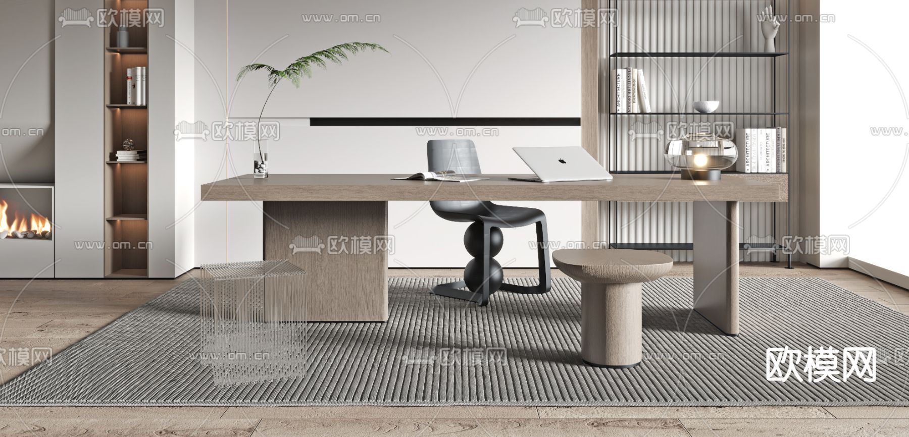 现代轻奢书房3d模型下载（渲染图2）