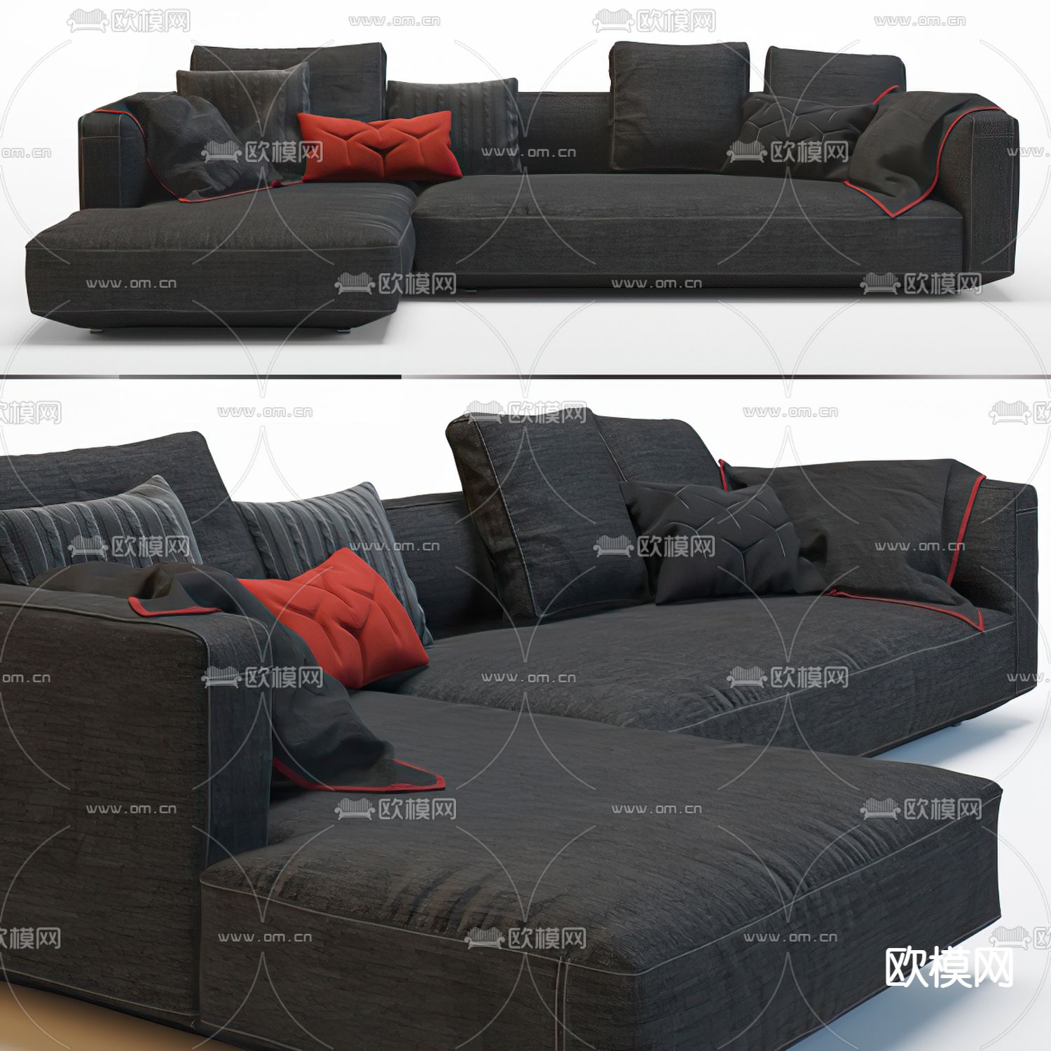 现代黑色布艺转角组合沙发3d模型下载_ID11998460_3dmax免费模型-欧模网