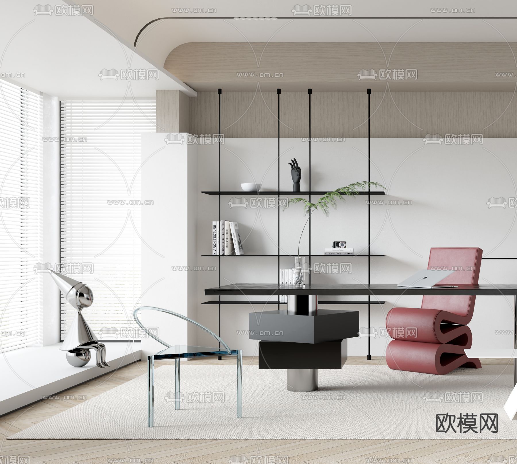 奶油风书房3d模型下载（渲染图3）