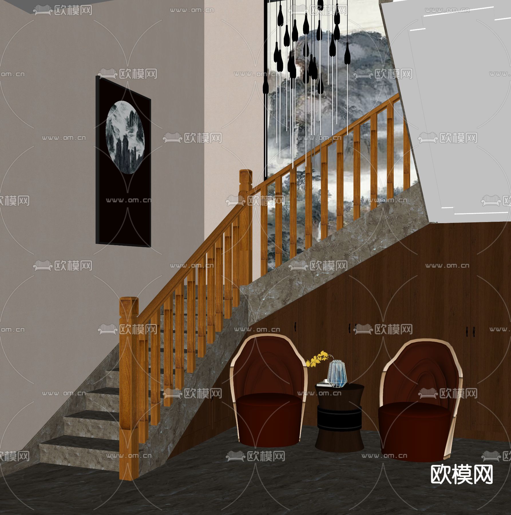 现代转角楼梯su模型下载（渲染图2）