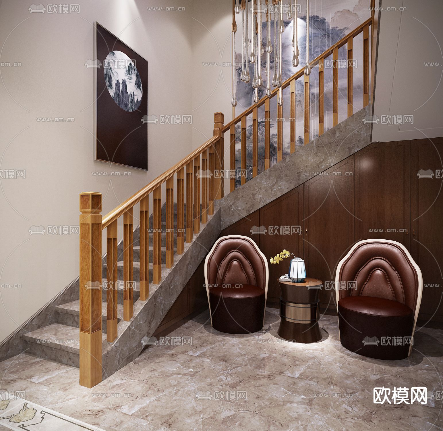 现代转角楼梯su模型下载（渲染图1）