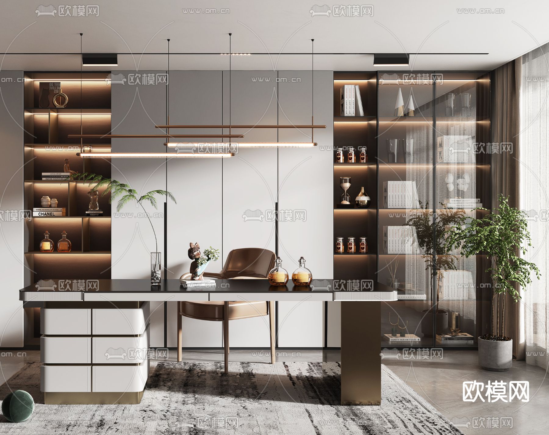 现代轻奢书房3d模型下载（渲染图2）