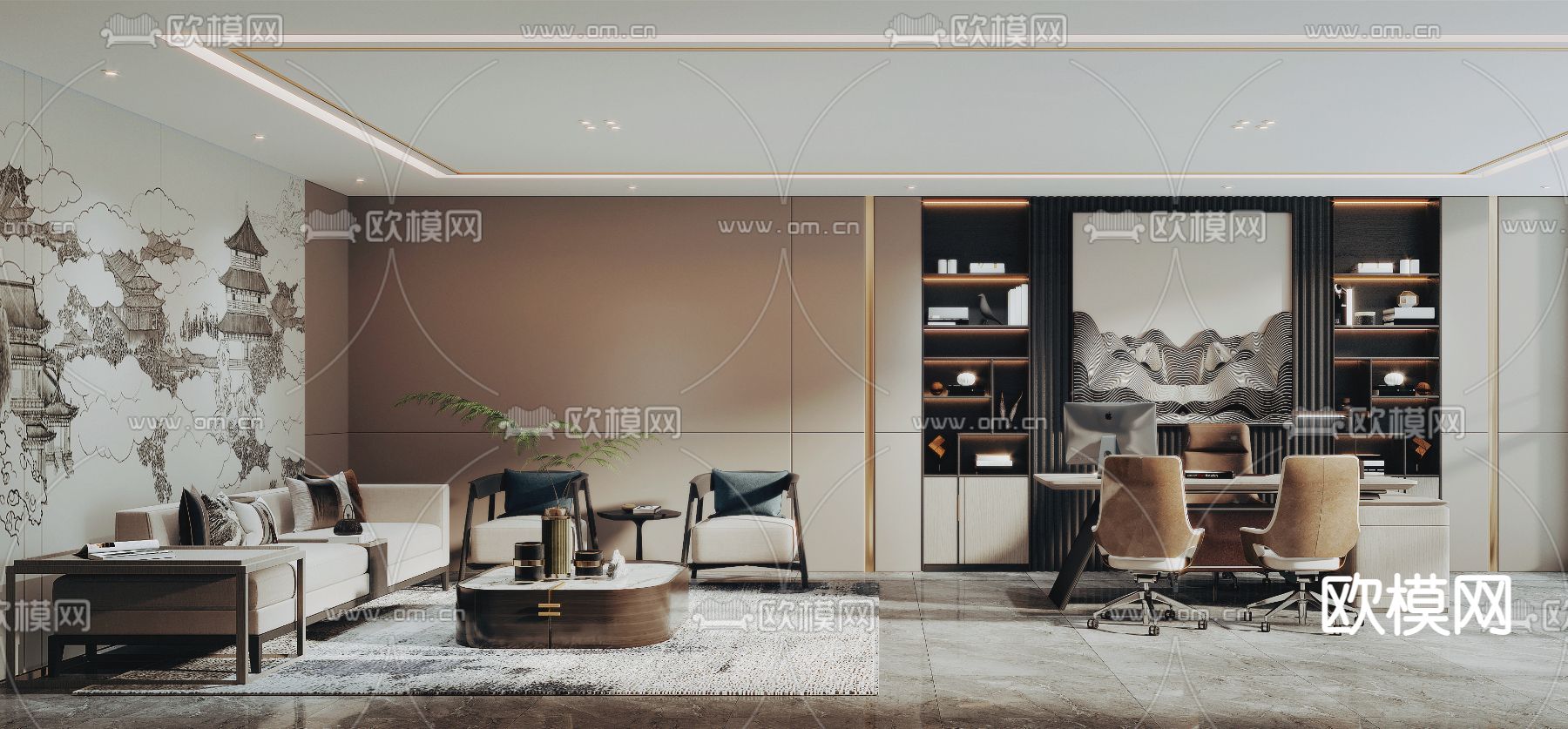 新中式总经理办公室su模型下载（渲染图1）