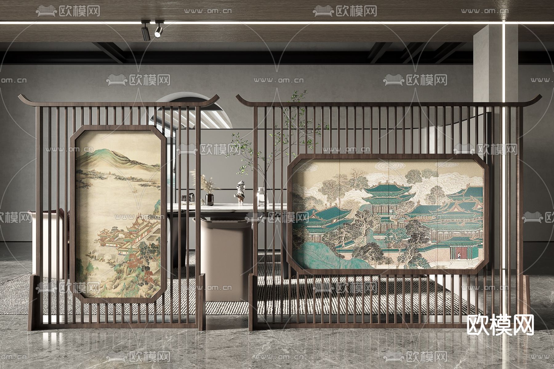 新中式屏风画隔断su模型下载（渲染图1）