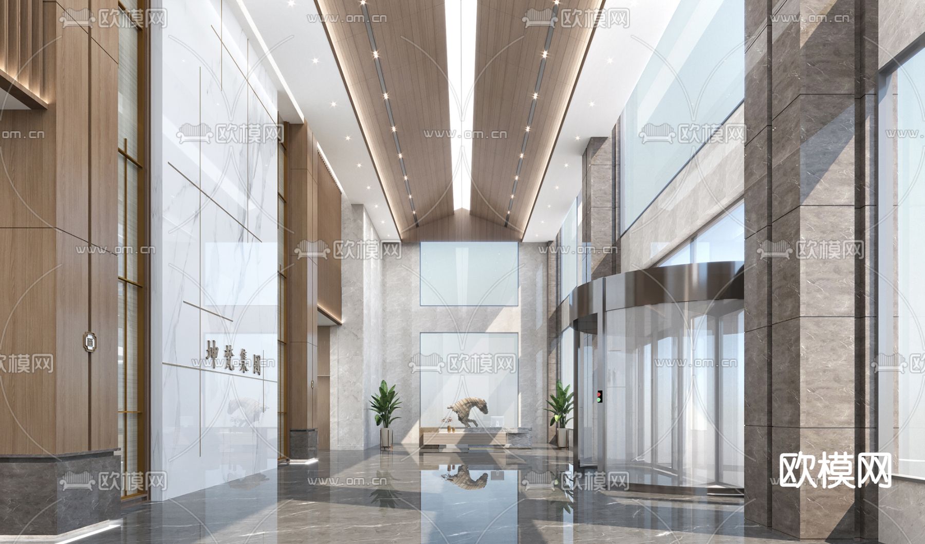 新中式办公楼前台商务大堂3d模型下载（渲染图2）