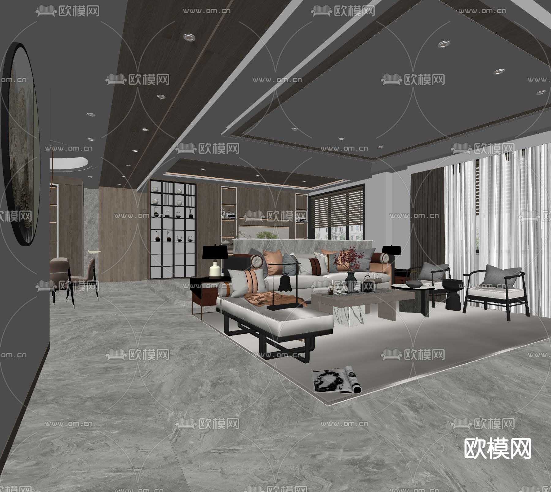 新中式客厅餐厅su模型下载（渲染图3）