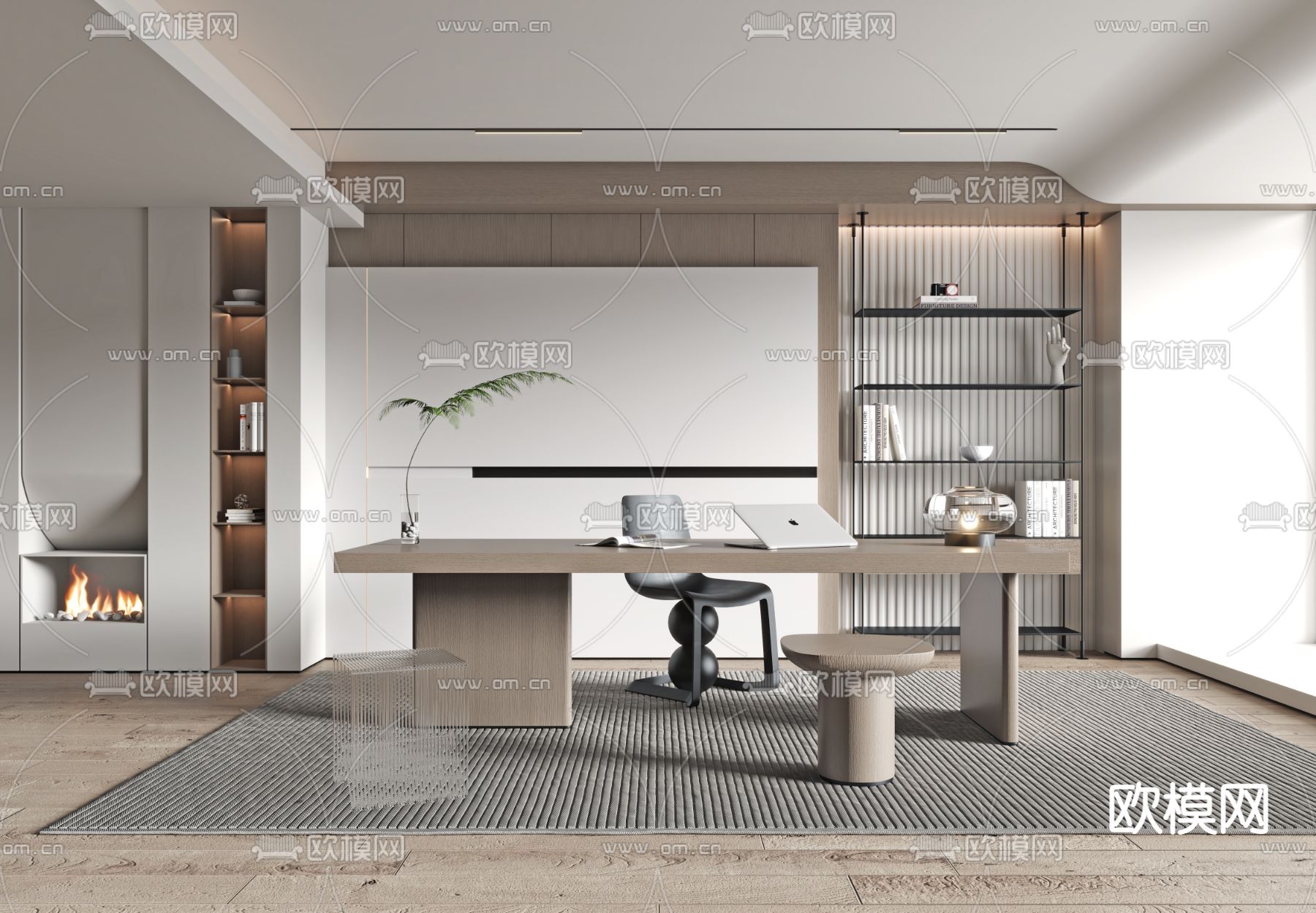 现代轻奢书房3d模型下载（渲染图1）