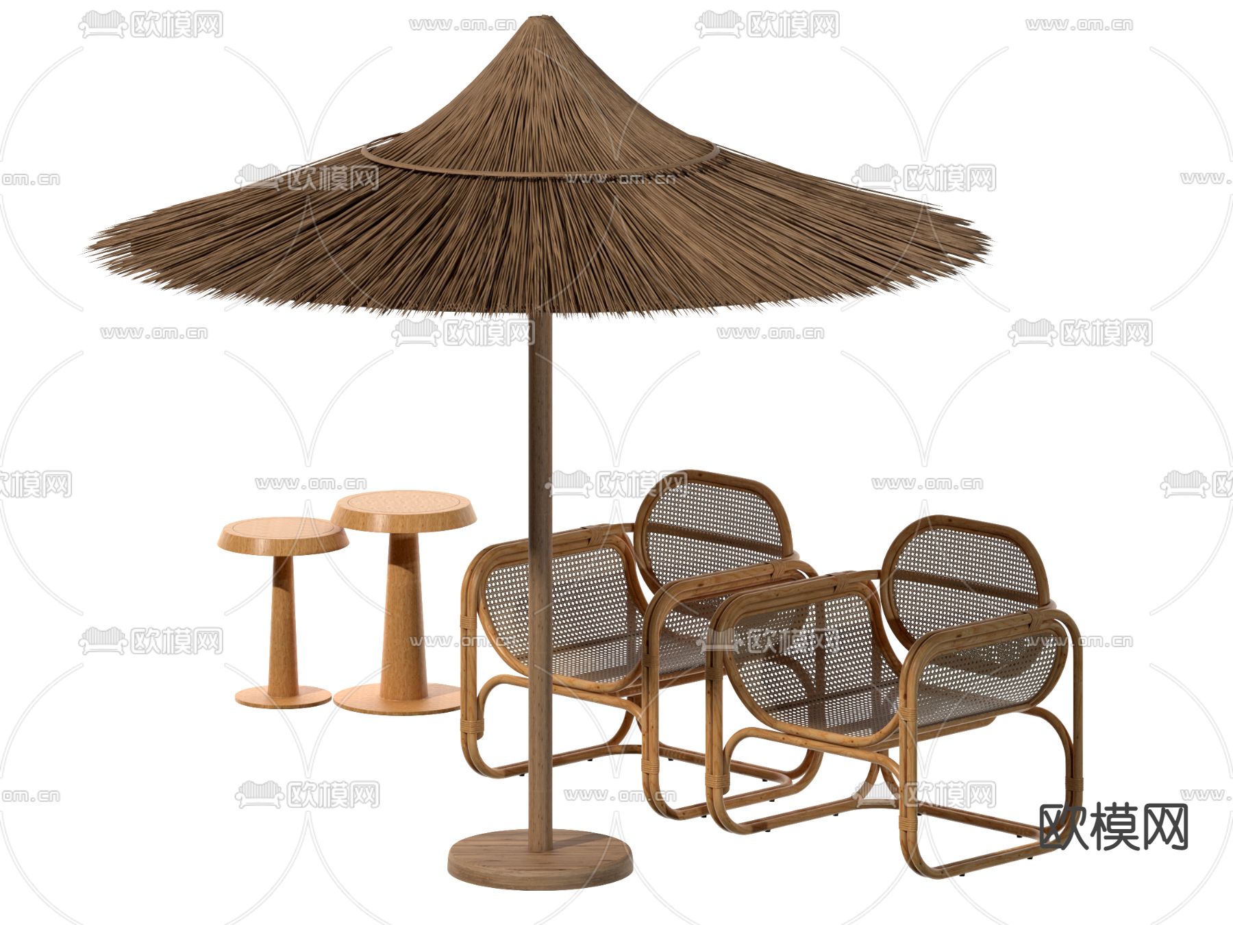 侘寂风藤编户外椅遮阳伞3d模型下载